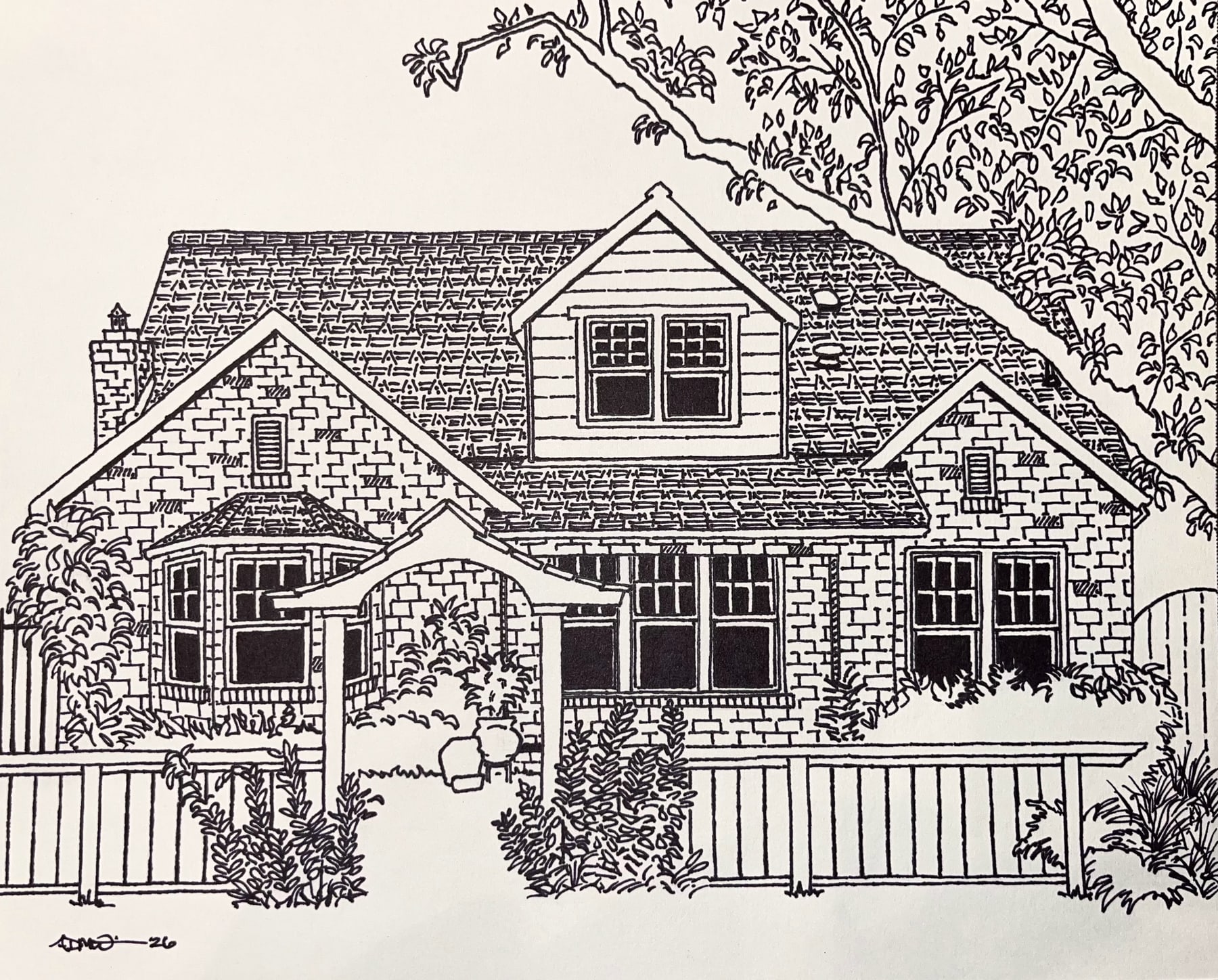 Pen and ink house drawing from Sacramento, California