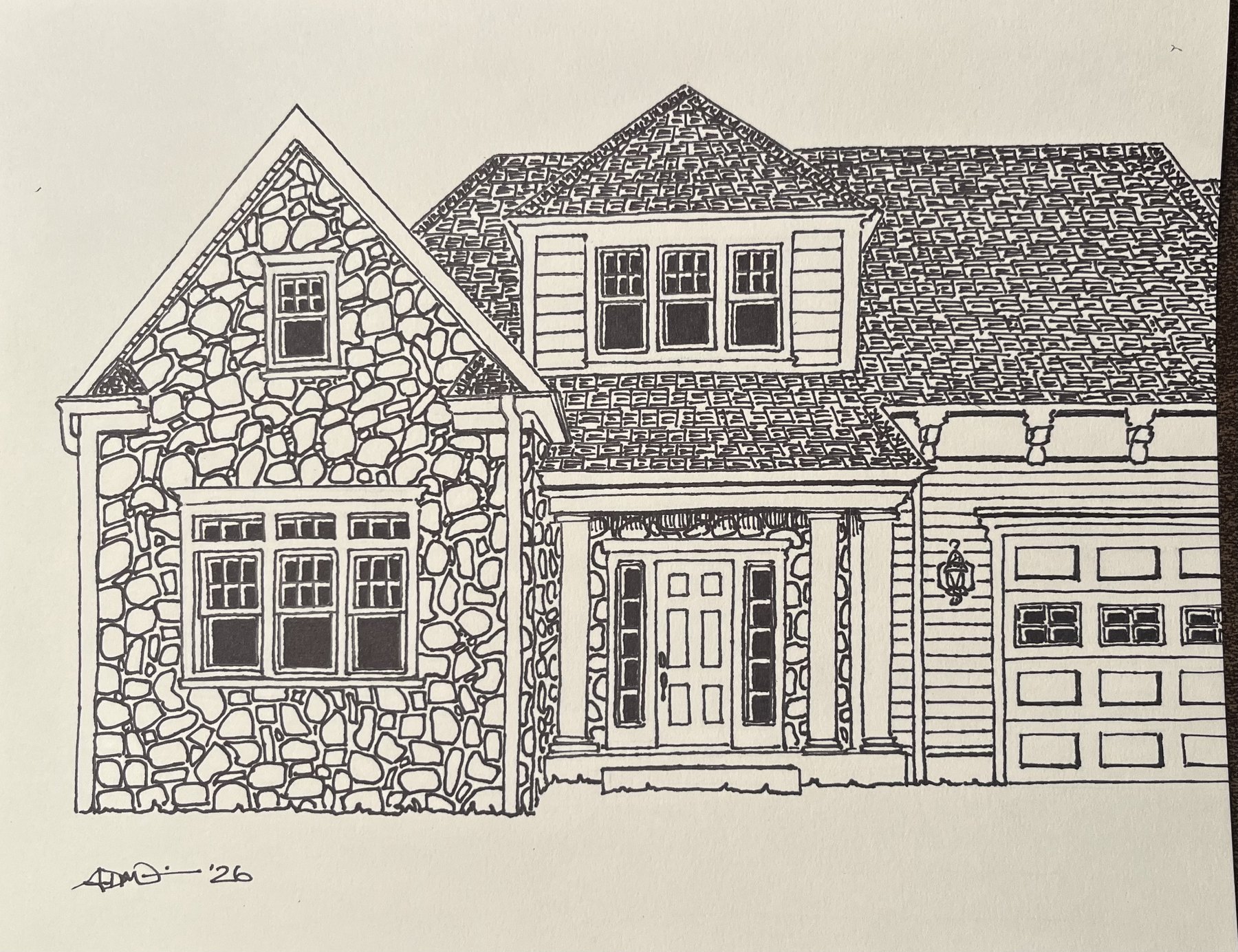Pen and ink house drawing from Bloomfield, Connecticut